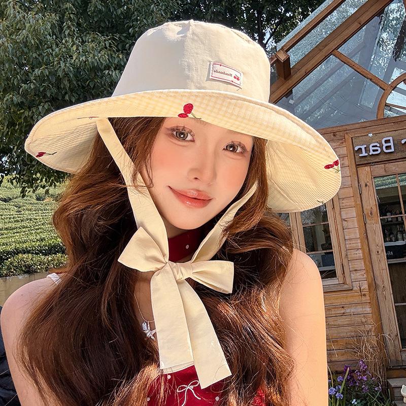 New Retro Plaid Fisherman Hat Woman's Spring And Summer Sunshade Sunscreen Basin Caps Versatile Star Embroidered Large Eave Hats