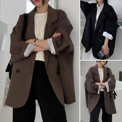 Long Sleeves Two Pockets Double-breasted Oversized Casual Blazer Autumn Winter Solid Color