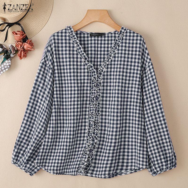 ZANZEA Women Casual V-neck Plaid Print Loose Long Sleeve Blouse