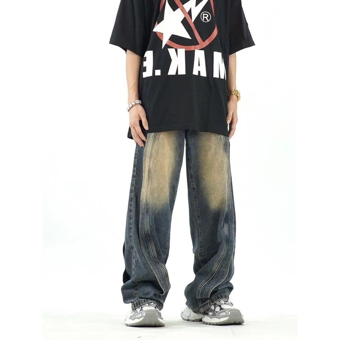 

Мужские американские ретро-джинсы с широкими штанинами: Свободный крой, в уличном стиле, прямые брюки с драпировкой Double Extra Large синий