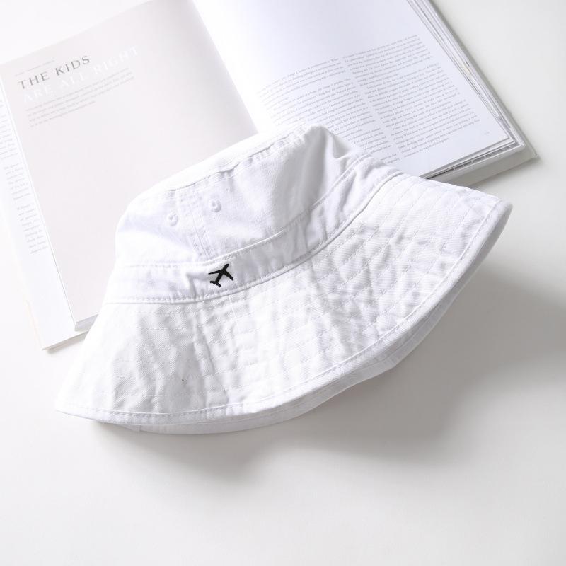 Cotton white bucket hat women spring summer autumn sun protection hat art student embroidery aircraft solid color versatile basin hat