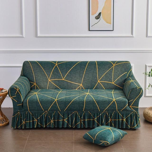 Printed Ruffled Skirt Sofa Cover Stretch Couch Slipcover Washable Furniture Protector Easy Fit Living Room Decor