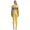 Womens Checkerboard Racing Jumpsuit Long Sleeve Plaid Romper Racer Driver Cosplay Costume
