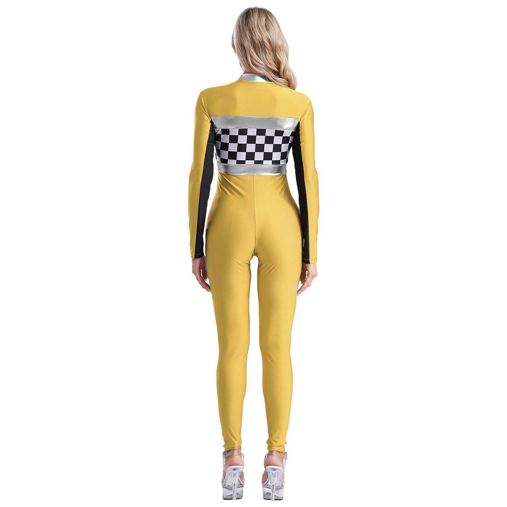 Womens Checkerboard Racing Jumpsuit Long Sleeve Plaid Romper Racer Driver Cosplay Costume