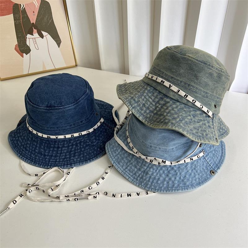 Retro denim bucket hat women's new strap-up big brim denim hat travel shade versatile sunscreen hat