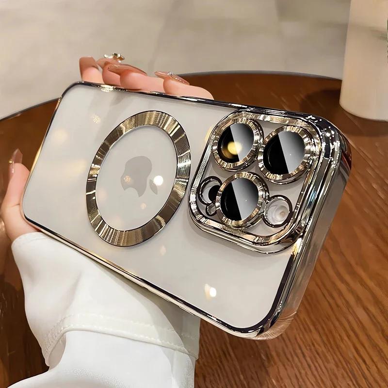 New Color Clear Glass Lens Protector Phone Case for iPhone 15 11 12 13 14 16 Pro Max Plus X XR XS Max Magnet Soft Magsafe Cover