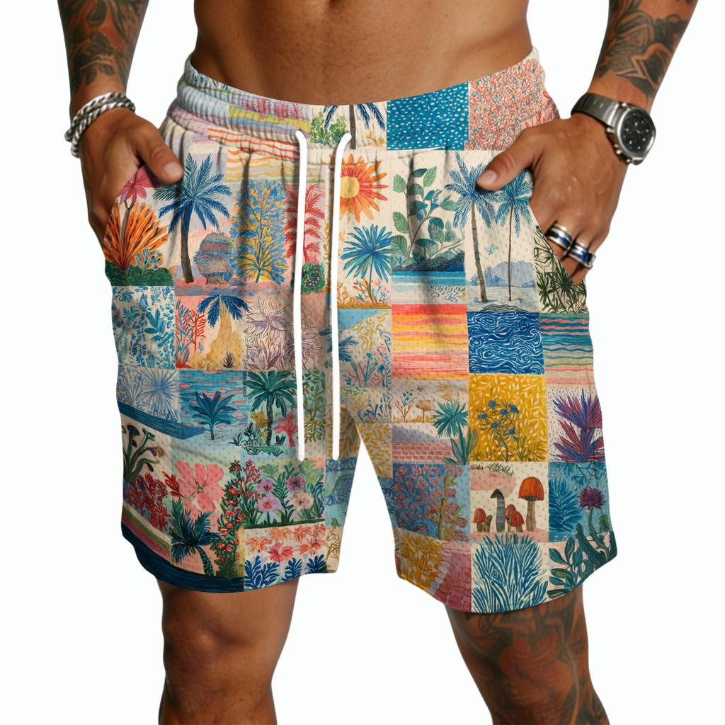 Herren Freizeitshorts mit Kordelzug Leichte Schnelltrocknende Fünf-Punkt-Länge Strandbekleidung Sommerhose mit Hawaiianischem Aufdruck