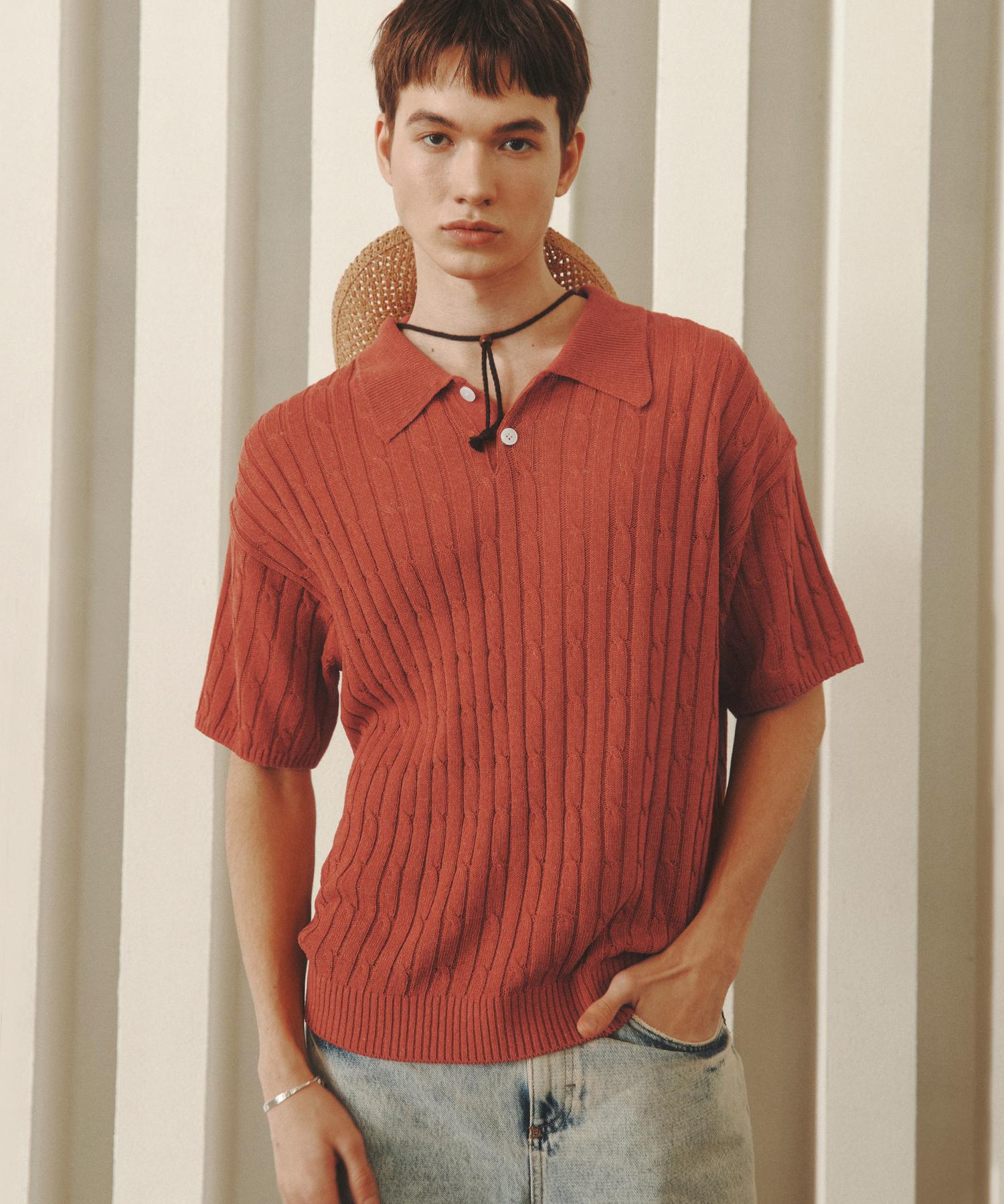 Nitied Linen Cable Collar Half Knit Orange L