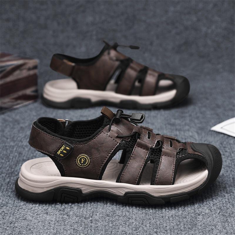 Leather Men'S Beach Shoes Fashionable And Comfortable Elastic Band Outdoor Sports Casual Shoes Breathable Hole Sandals