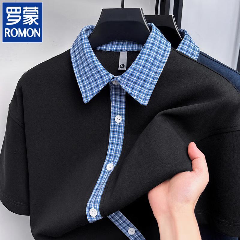ROMON Men s Plaid Patchwork Short Sleeve Shirt 2XL