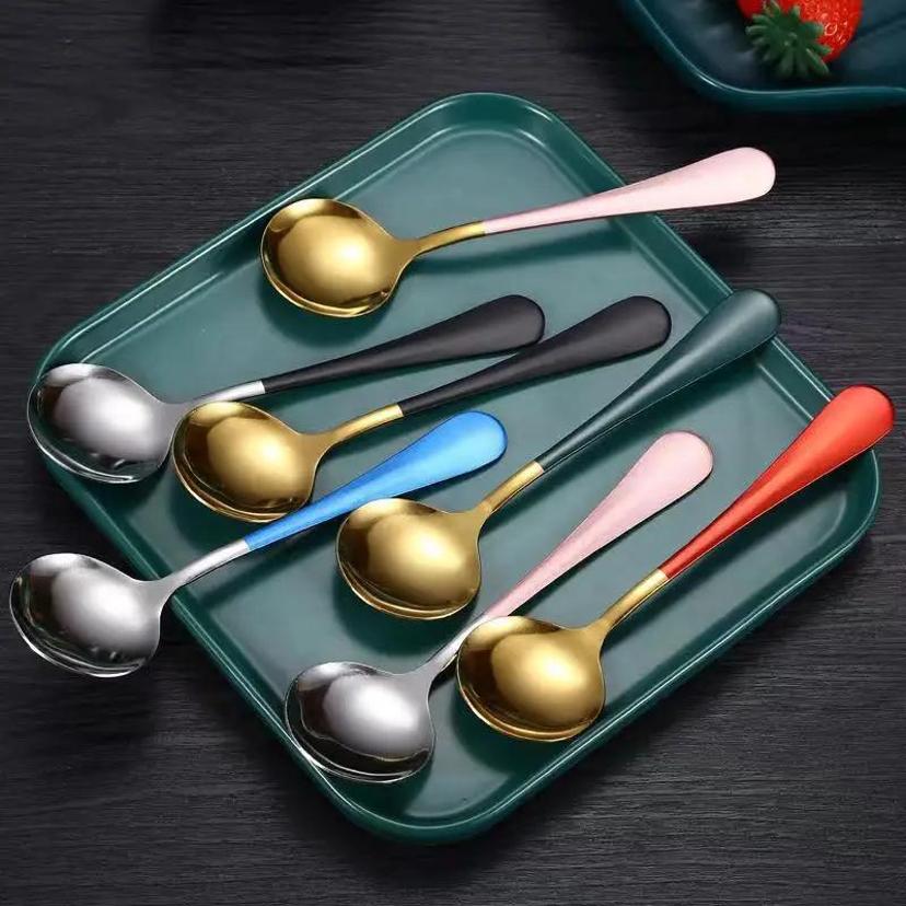 1 Pcs 17cm Stainless Steel Round Spoon Cute Dessert Spoon Coffee Children's Golden Silver Spoon Dessert Spoons Kitchen Soup