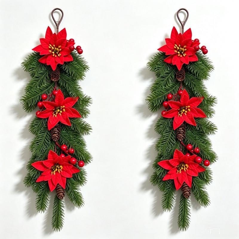 Christmas Teardrop Swag Wreath Artificial Poinsettia Pine Cone Red Berry Hanging Garland For Front Door Wall Home Xmas Decor