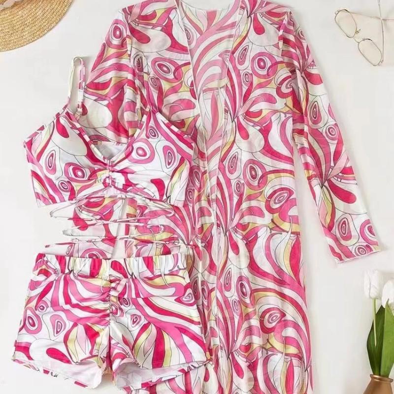 Evropská a americká třídílná plavková sada: Tištěné bikiny se stahovací šňůrkou, kalhotky s plochými nohavičkami a síťovaný přehoz