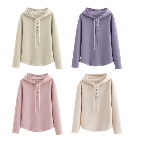 Women Hoodie Fall Long Sleeve Button Up Drawstring Hooded Sweatshirt Loose Fit Casual Thin Pullover Top