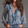 European and American deep V-neck paisley frilly print chiffon shirt top