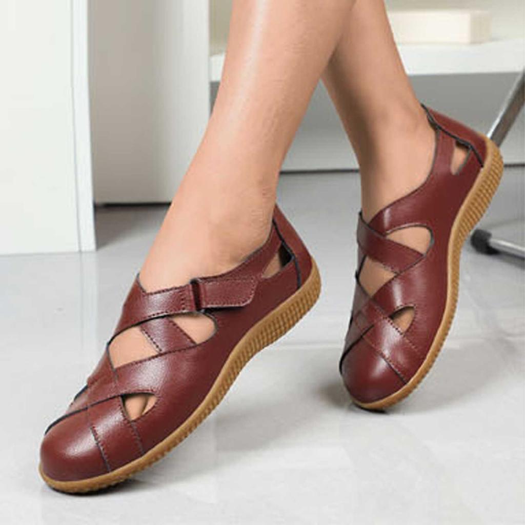 Women's Sandals Leather Handmade Ladies Shoe Leather Sandals Women Flats Beach Shoes Retro Mother Shoes