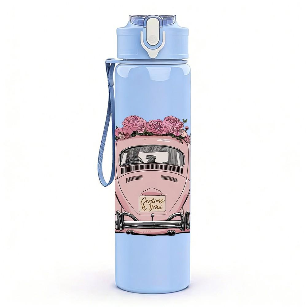 1PC Pink Car Vintage Retro Pattern 750ml Color Plastic Sports Water Bottle Leakproof Flip Straw Lid Suitable for Sports Office Home Use