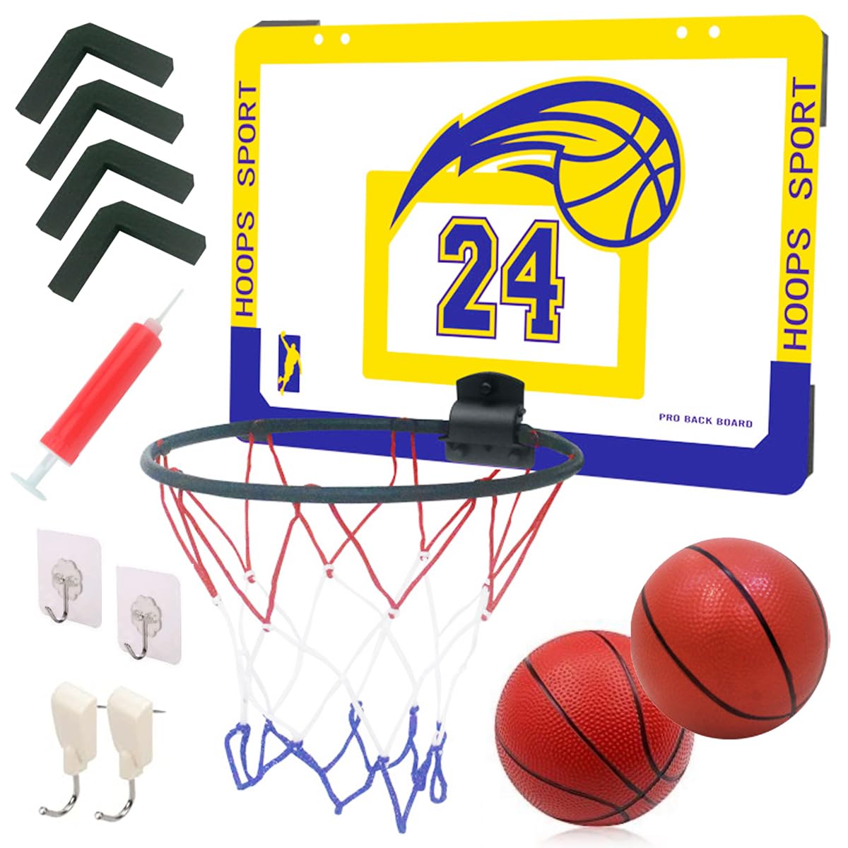 

ZAIDEA Мини-баскетбольное кольцо с пином, Настенное для баскетбола в помещении для аэрохоккея, Набор из 2 мячей, Крючки, Игрушка, Настенное, Детское, Насос, Желтый,