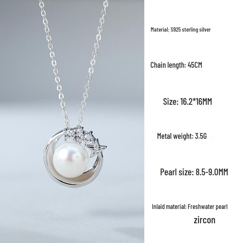 S925 Sterling Silver Star & Moon Freshwater Pearl Necklace - Fashionable, Versatile Clavicle Design for Women 925 Sterling Silver