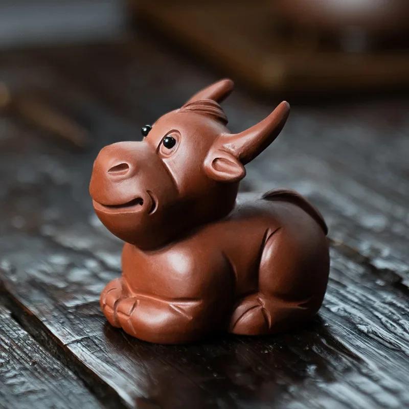 Yixing Purple Clay Tea Pet Cute Cattle Statue Decors Handmade Tea Figurine Sculpture Ornaments Chinese Tea Set Accessories