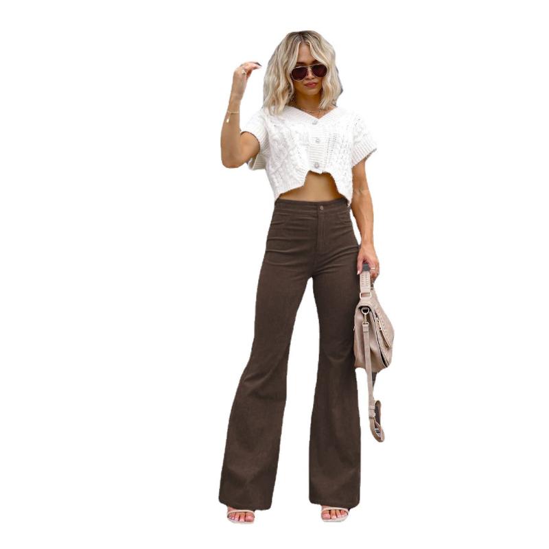 Women's Winter High Waisted Flared Corduroy Pants Solid Color Elegant Stretchy Slim Fit Casual Warm Full Length Bell Bottom Trousers