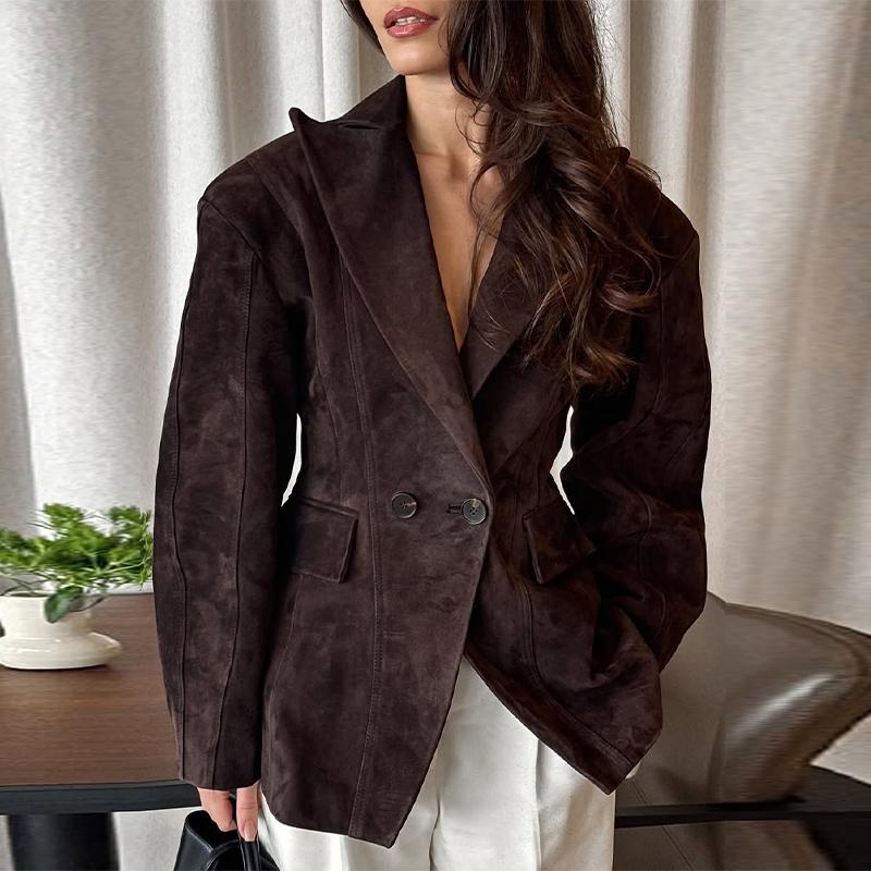 

Темно-коричневая замшевая куртка с лацканами женская теплая с длинным рукавом повседневная верхняя одежда ретро британский стиль темпераментная куртка осень 2025 L коричневый