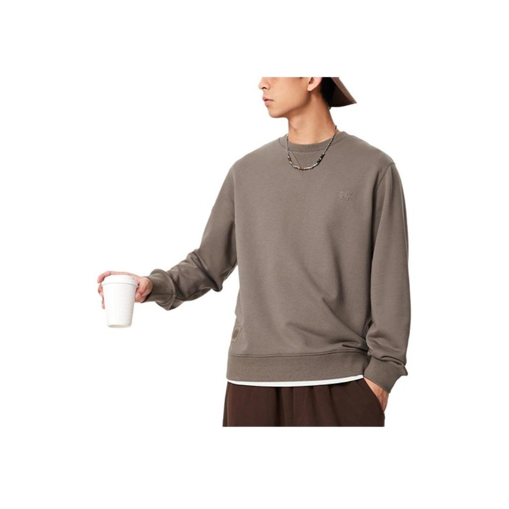 Li Ning China Color Series Solid Color Crew Neck Pullover Casual Long Sleeve Sweatshirt Men sweatshirt Tree-Gray Brown AWDU657-5