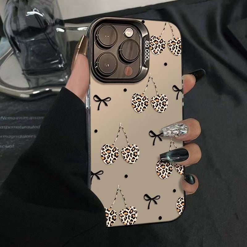 

Чехол для телефона из стерлингового серебра с принтом леопарда и бантом-вишенкой для Apple 17/16/15Pro, 14ProMax и 13 iPhone 14 Pro