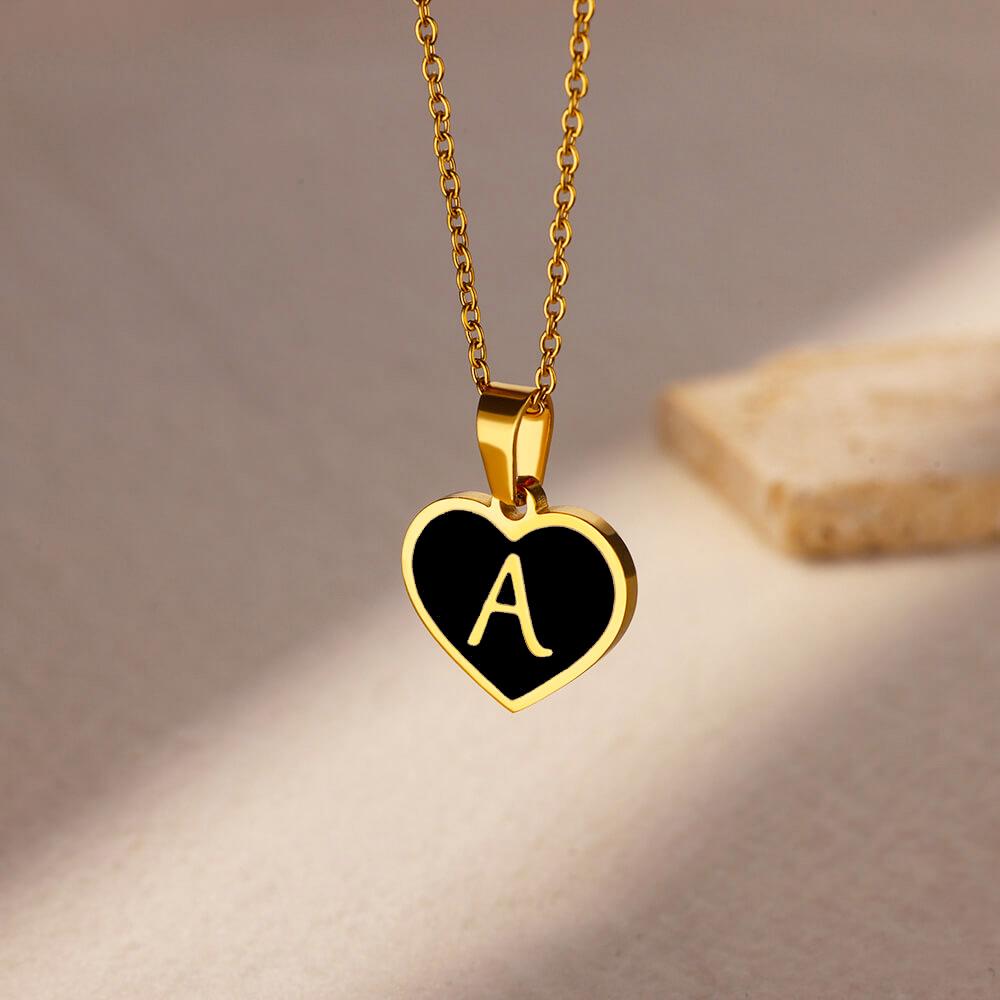 Stainless Steel Initial Letter Black Heart Necklaces Women Gothic Name Pendant Charm Necklace Wedding Zircon Anniversary Gifts