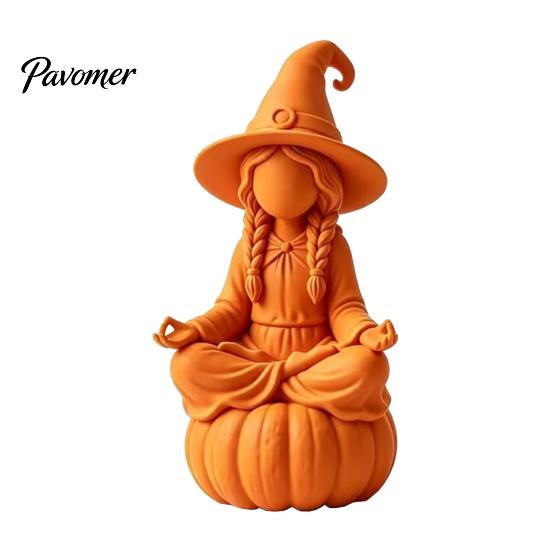 Pumpkin Base Wizard Statue 3D Printed Meditating Witch Figurine on Base, Minimalist Fantasy Home Decor Halloween Autumn Desktop Statue, DIY Paintable