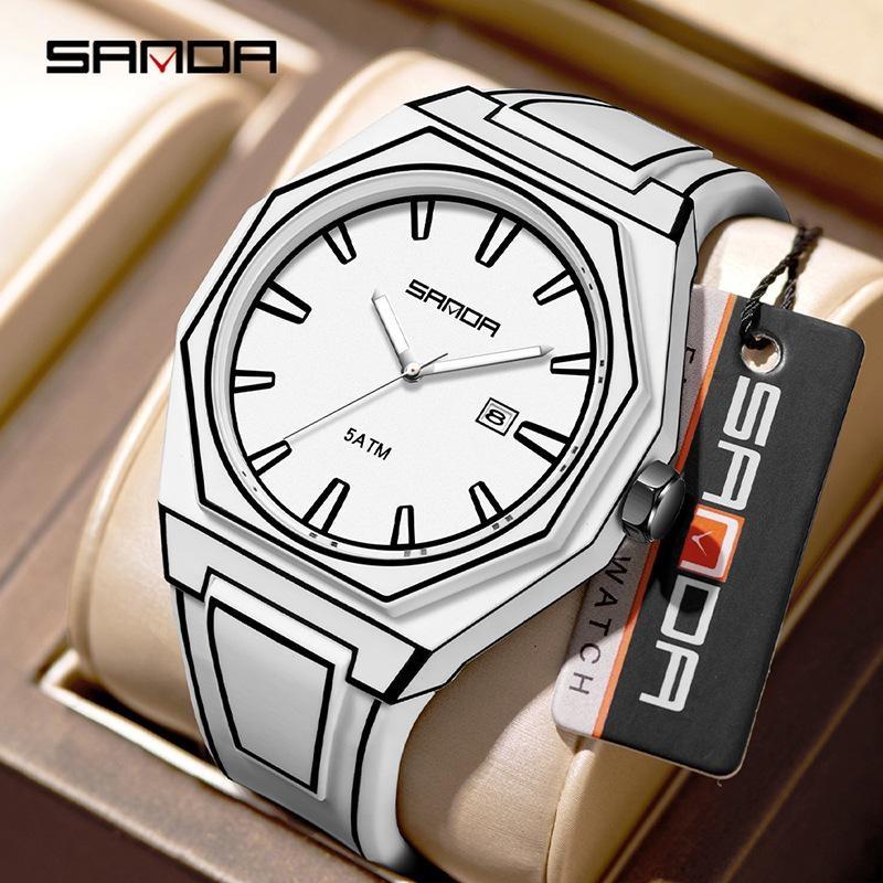 SANDA Fashionable Men's Quartz Watch Waterproof Silicone Strap Unique Scale Calendar Creative Lines Student Watches