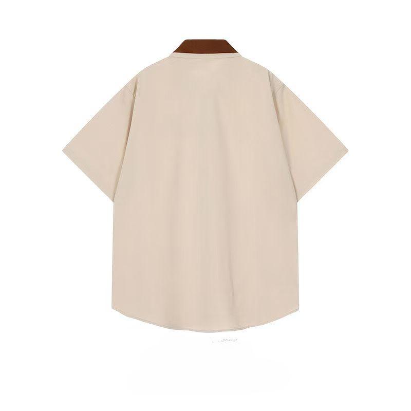 Color Blocked Lapel Tie Women's Short Sleeved Shirt American Vintage College Style Ladies Blouses Loose Casual Tops