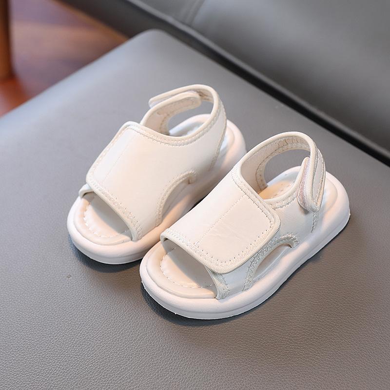 

Summer Solid Color Kids Sandals, Solid Soft Sole Leather Surface Beach Shoes for Boys Girls 21 бежевый