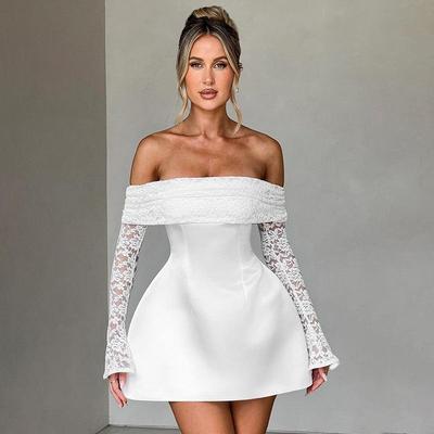 Giyu Sexy Mini-Kurzkleid Damen Herbst Spitze Patchwork Langarm Schulterfrei Rückenfreies Kleid Elegant Club Party Robe