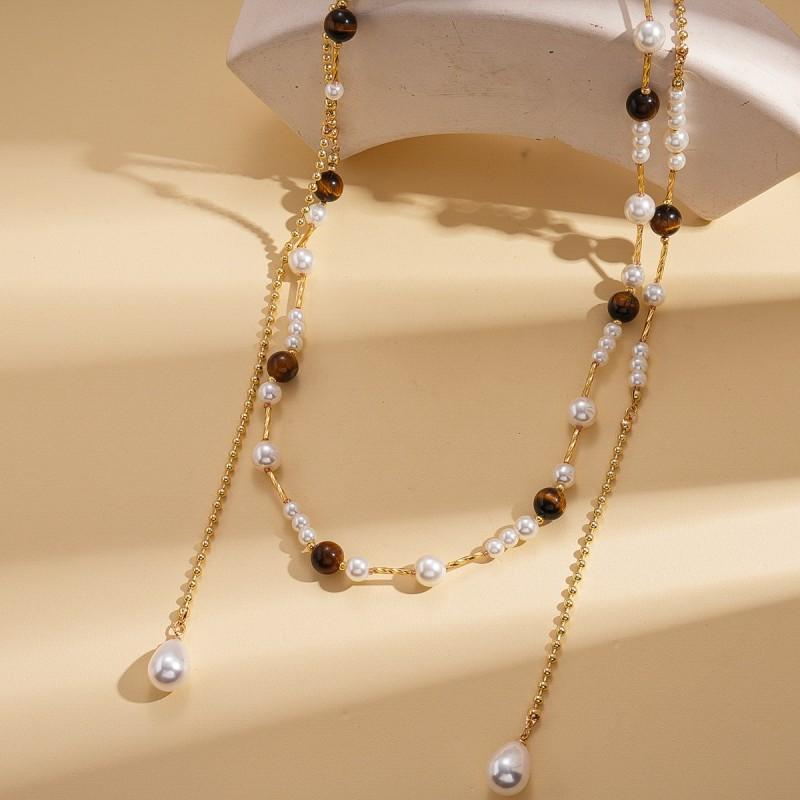 Long Layered Sweater Necklace Faux Pearl Tiger Eye Beads Vintage Elegant Fashion Jewelry Women