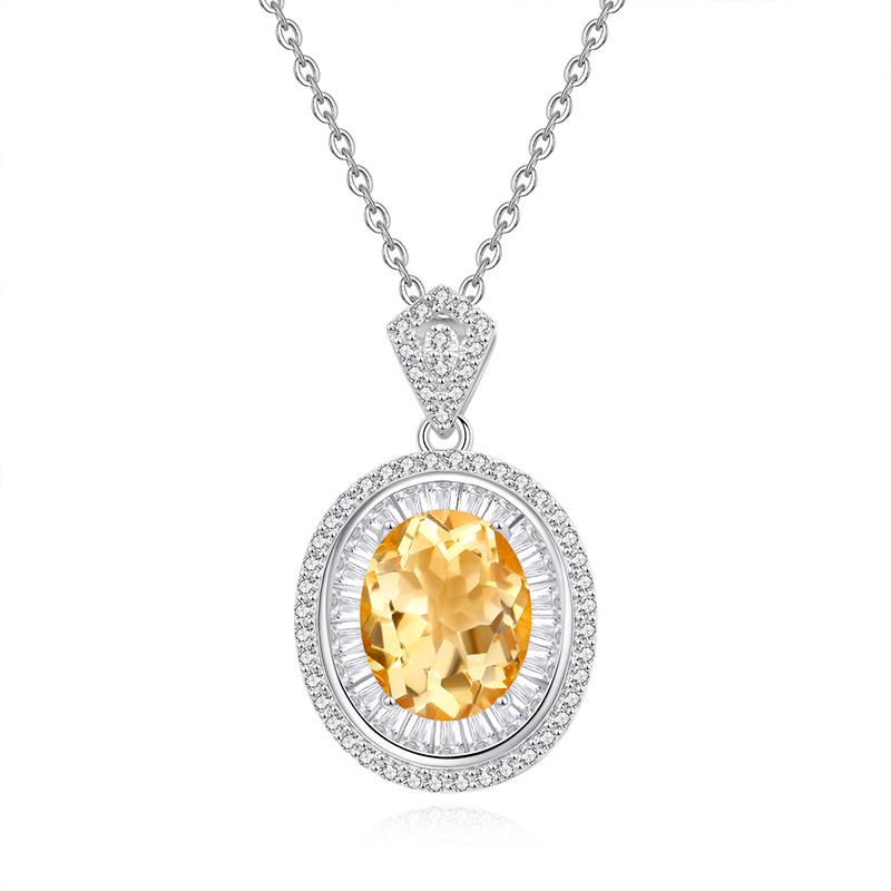 New Sterling Silver Oval Necklace Natural Crystal Stone Pendant Necklace Women's Niche Premium Light Luxury Versatile Clavicle Chain Daily Gifts