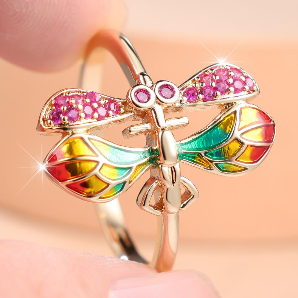 Fashion Colorful Zircon Dragonfly Ring for Women Cute Gold Color Statement Jewelry Wedding Party Gift