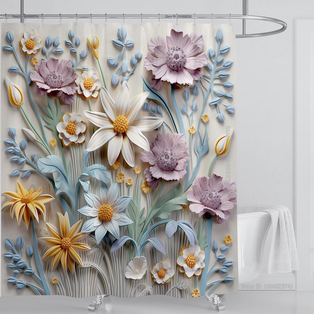 3D Floral Shower Curtain Set Orange Flower Design Fabric Bathroom Decor Waterproof Washable Shower Curtain Set with Hooks