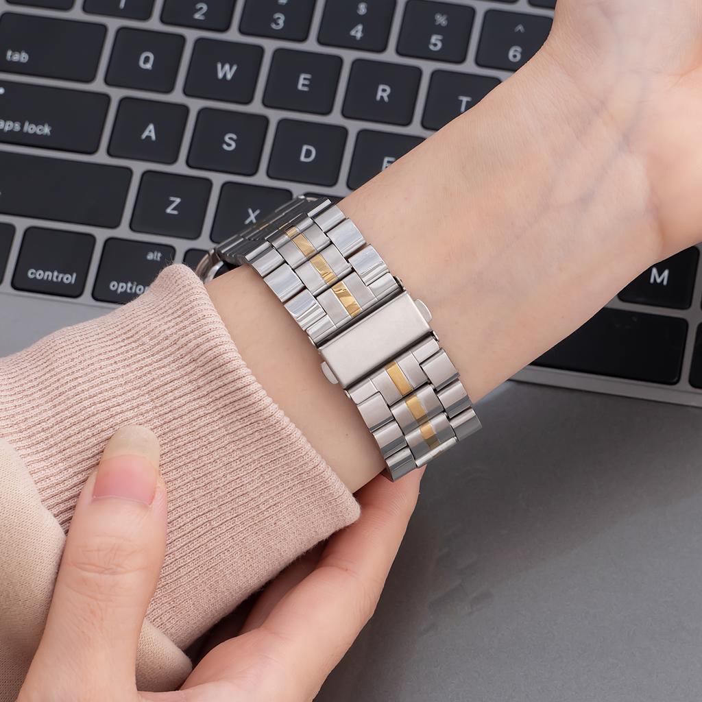 Compatible with Apple Watch Series 9/8/SE, three-bead stainless steel metal watch strap, Huawei GT4/5 watch band