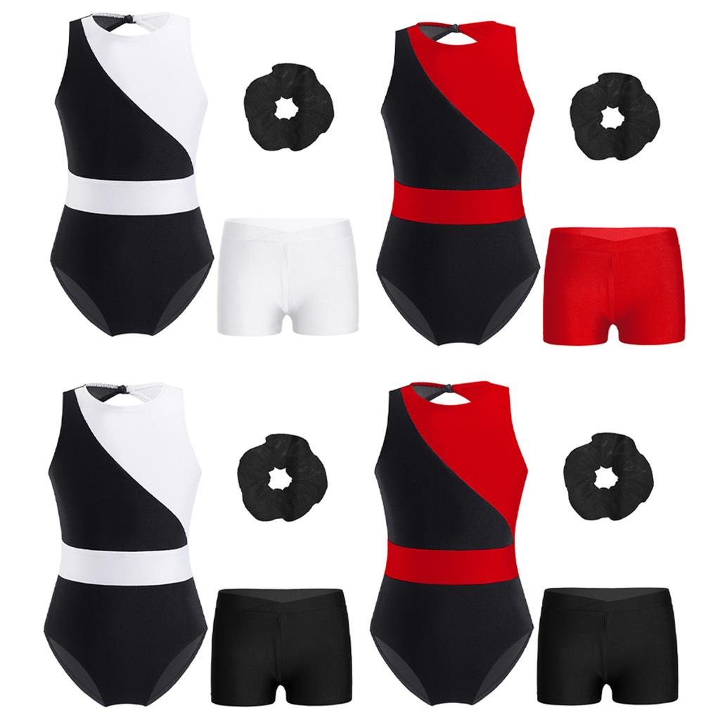 Girls Gymnastics Outfit Sparkly Rhinestones Sleeveless Keyhole Back Leotard with V Front Shorts