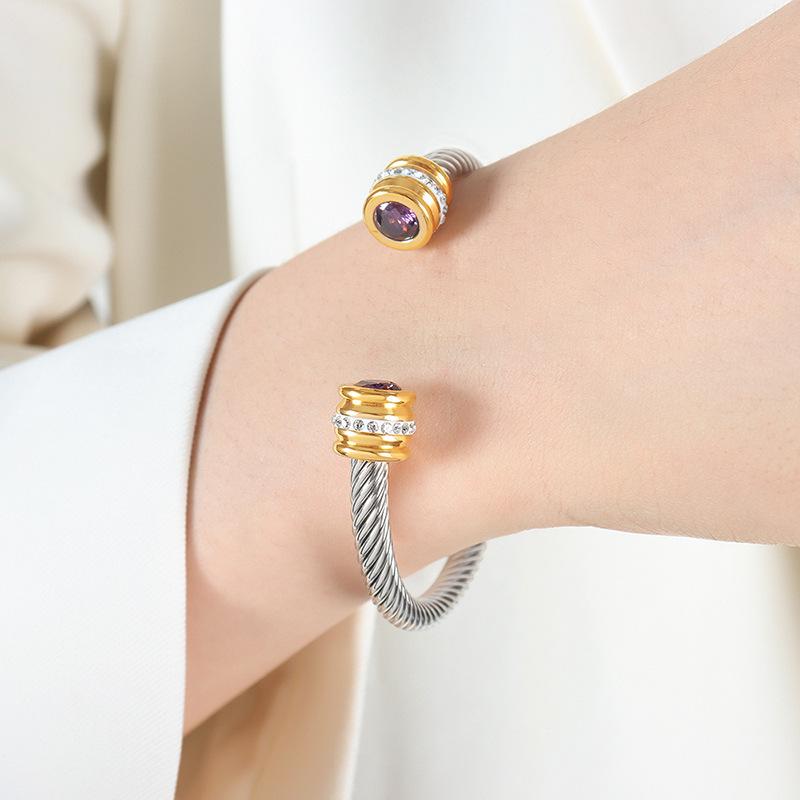 European & American Luxury Titanium Steel Zircon Open Bracelet - Simple Niche Design for Women