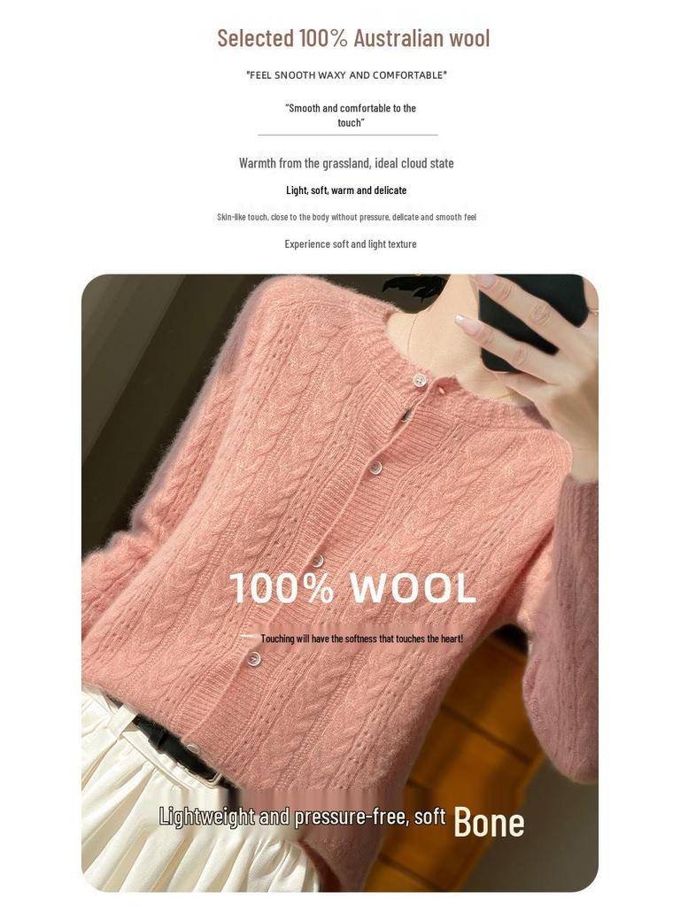 Damen 100% Wolle Lochkabelstrick-Cardigan - Lockere Passform für Herbst/Winter