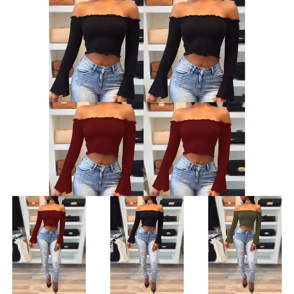 Women Summer Casual Off Shoulder Tank Top Stylish Long Sleeve Crop Top Shirt
