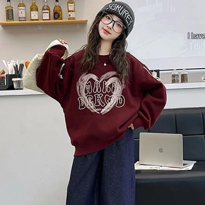 Girls' Fleece-Lined Spliced Sweatshirt: Stylish Autumn/Winter Pullover for Kids