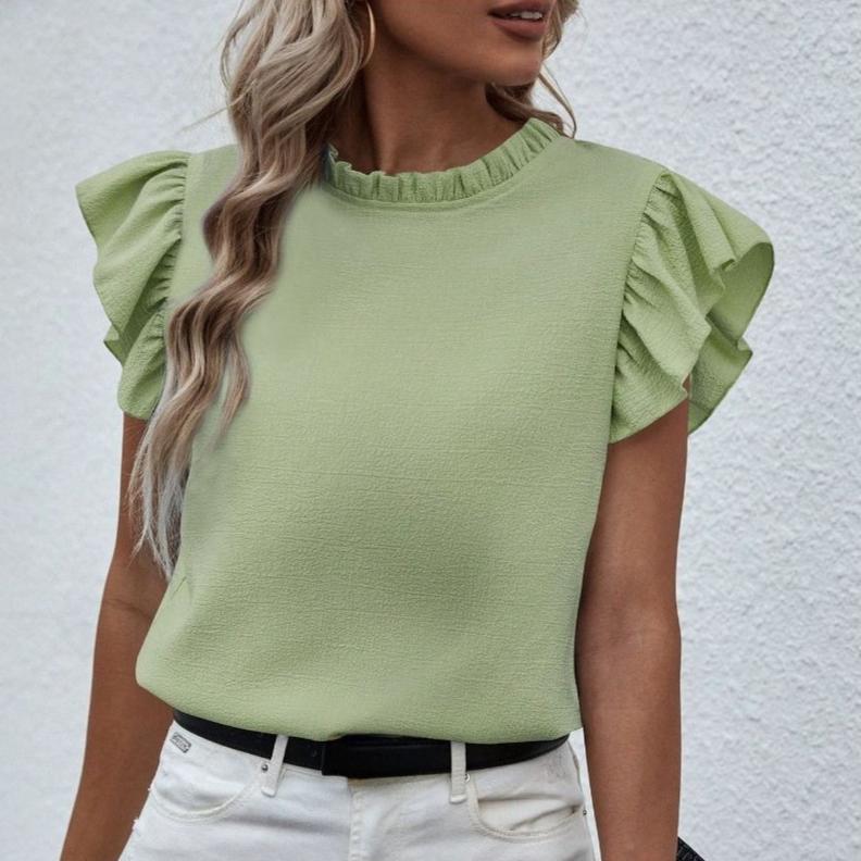 Lässiges Rüschenhemd Süßer Rundhalsausschnitt Damenblusen & -hemden