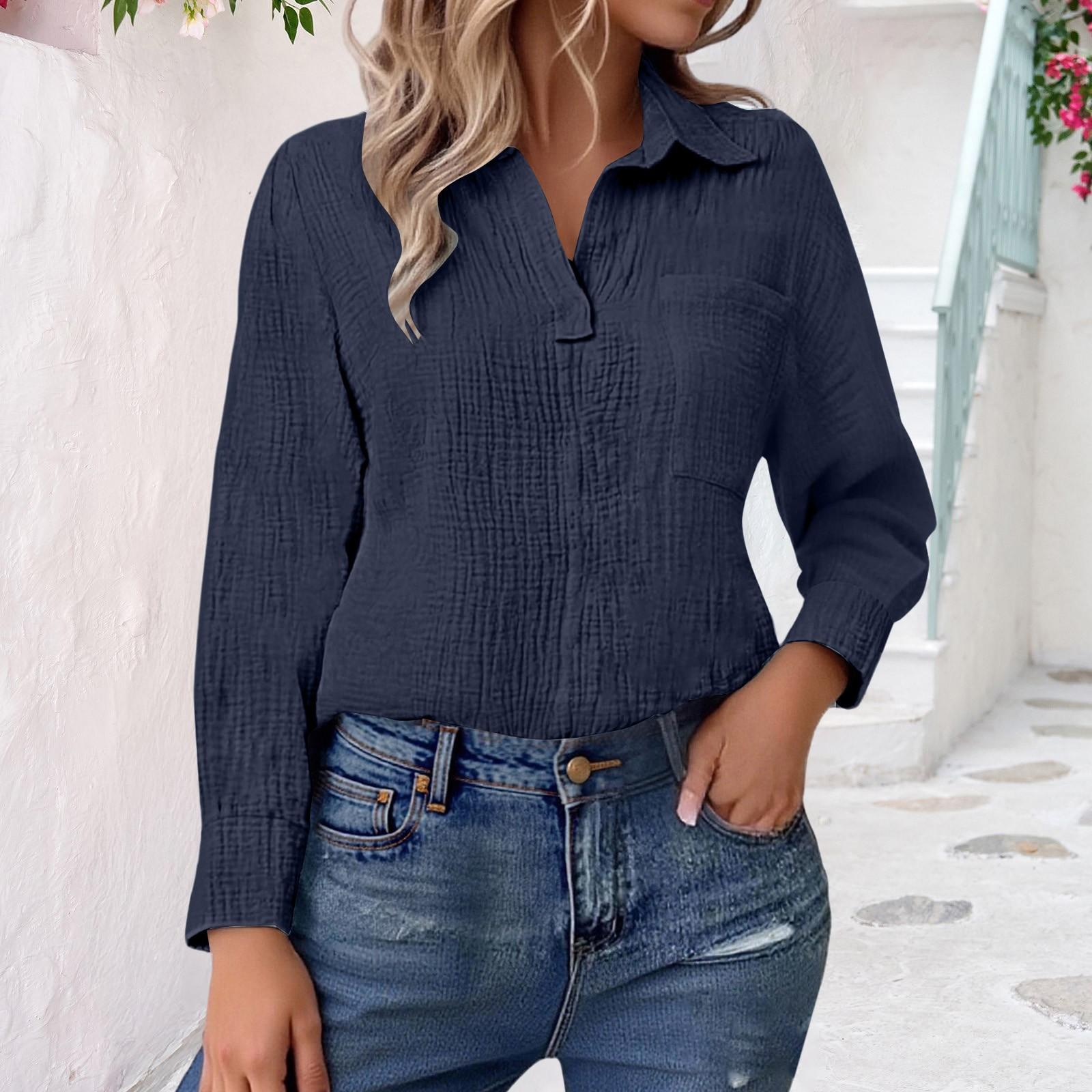 

Женские рубашки с V-образным вырезом, с длинным рукавом, повседневные рубашки с воротником, свободные блузки, однотонные топы с карманом M тёмно-синий