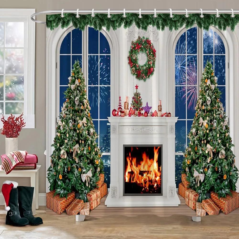Christmas Party Shower Curtains Fireplace Christmas Tree and Gifts Snowman Snow Scene Washable Shower Curtain Art Bathroom Decor
