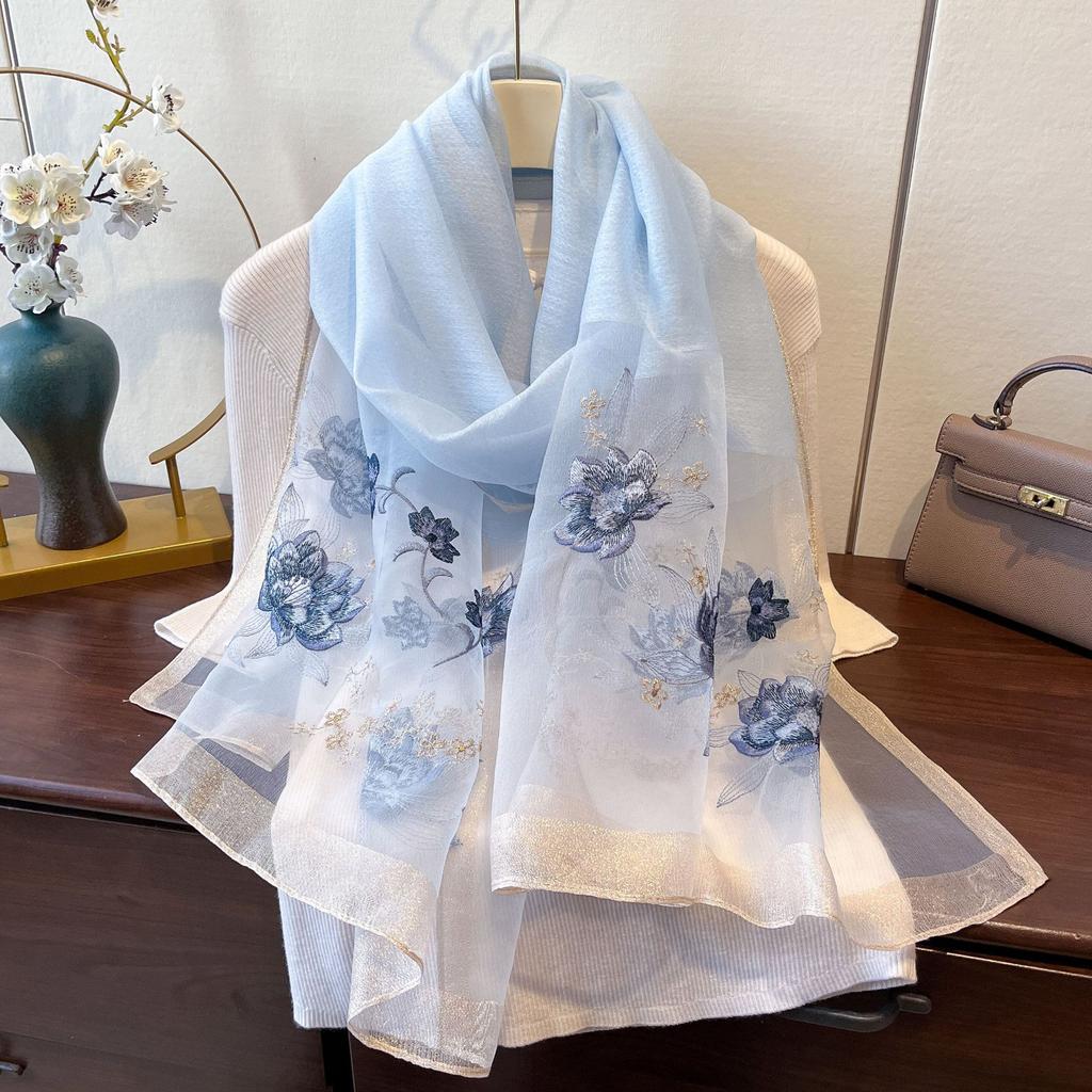 New Silk Wool Embroidered Scarf Spring and Summer Decorative Shawl Flower Embroidered Silk Scarf Blended Scarf