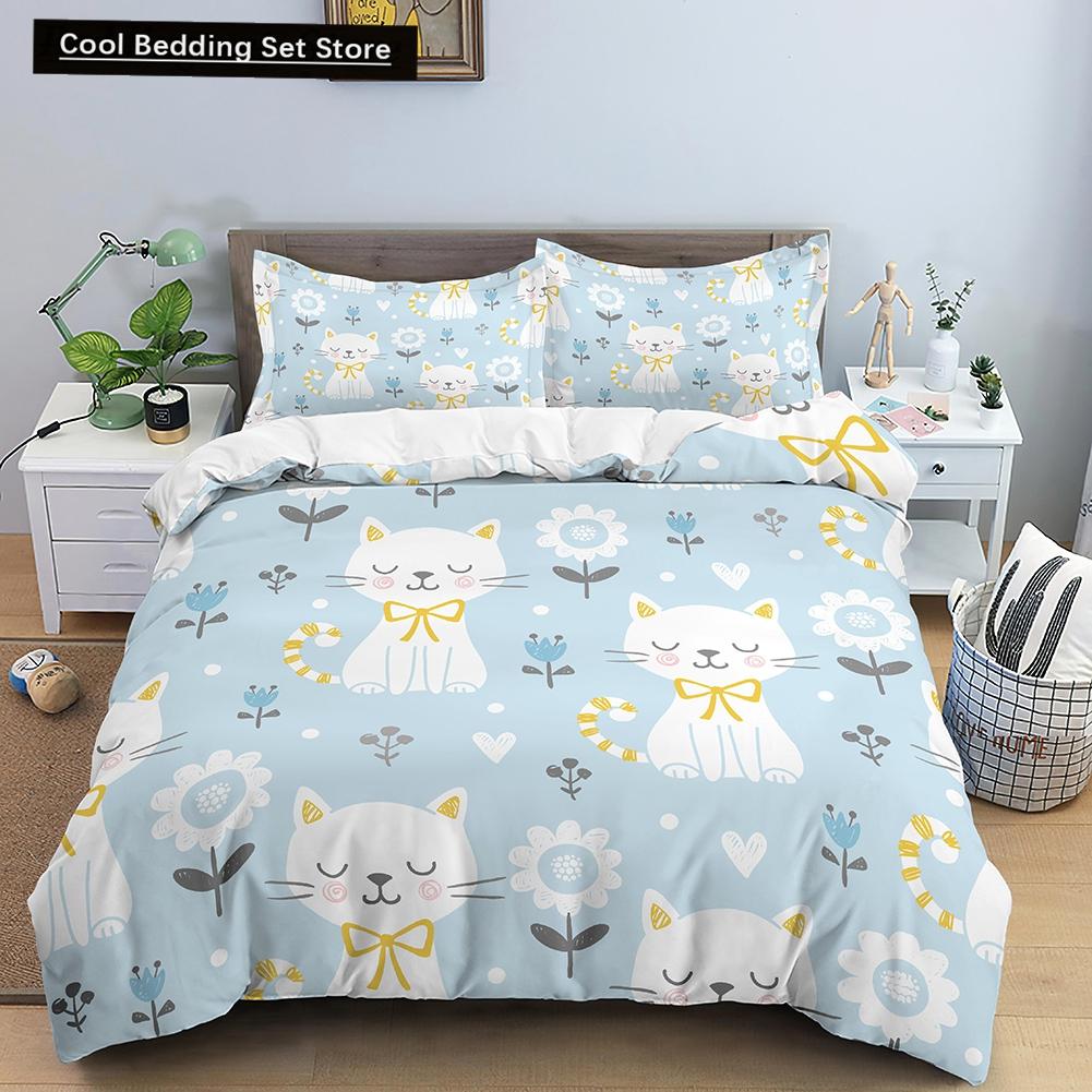 Cartoon Bedding Set Cute Cats Printed 3D Duvet Cover Set Twin Full Queen King Double Sizes Pillowcase Bedclothes Soft Polyester