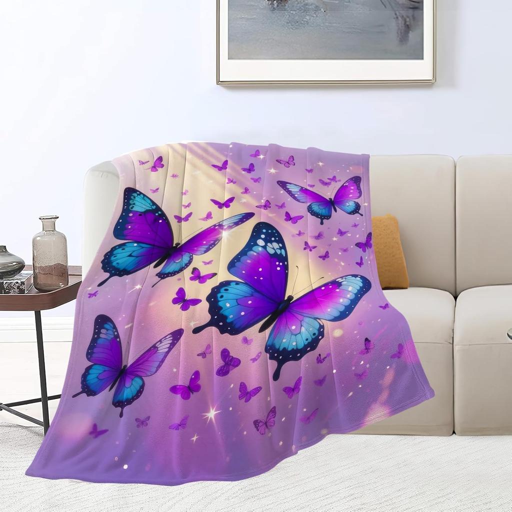 Purple Blue Butterfly Art Print Fleece Blanket Magical Nature Design Soft Cozy Throw Home Decor For Living Room Or Bedroom Gift